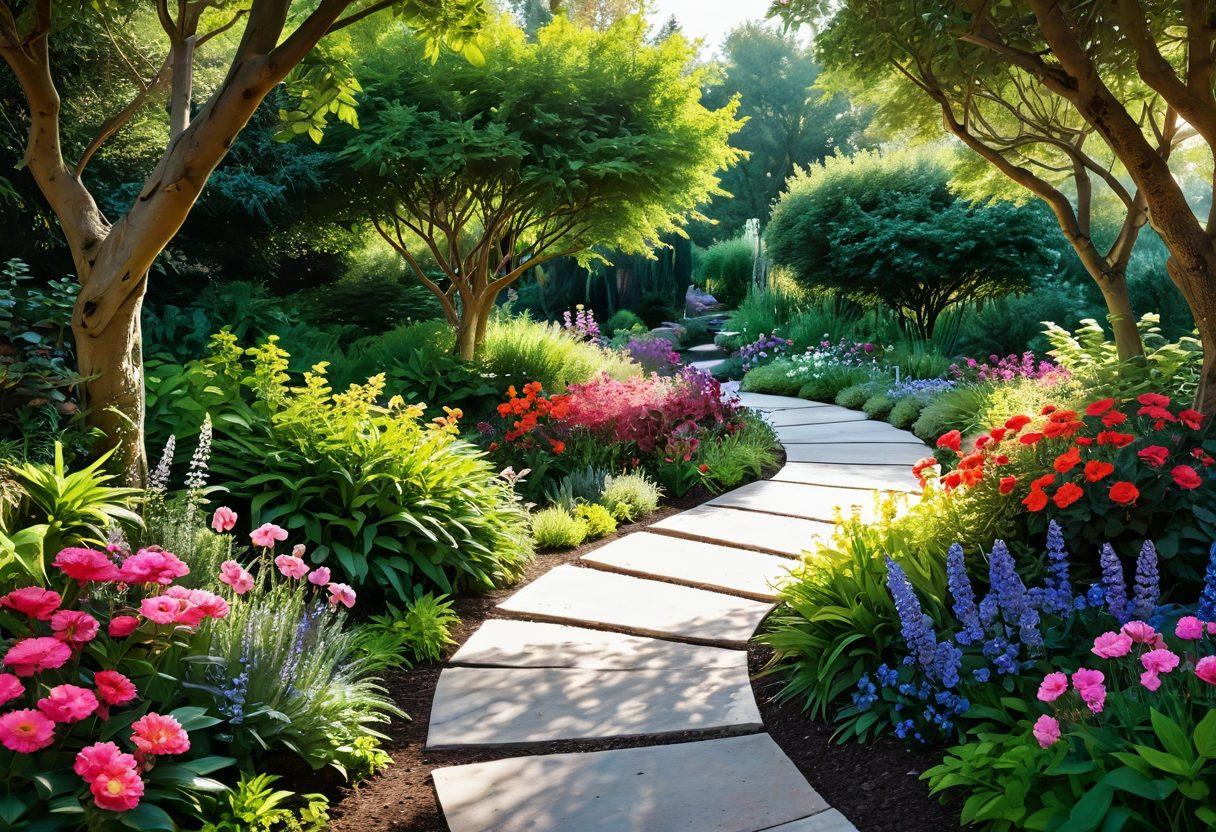 A serene landscape depicting a winding path through a lush garden brimming with vibrant flowers and greenery, symbolizing the journey of cancer treatment. Along the path, envision medical symbols subtly integrated into nature, such as healing crystals and gentle sunlight filtering through the trees, representing holistic health strategies. The scene should evoke hope and resilience, inviting viewers to explore. super-realistic. vibrant colors. calming atmosphere.