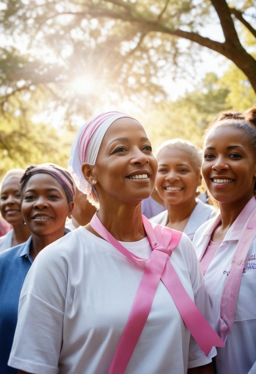 A diverse group of cancer survivors standing together, exuding strength and hope, surrounded by supportive family members and healthcare advocates. The scene is filled with soft sunlight filtering through trees, symbolizing community and growth. In the background, a vibrant ribbon representing cancer awareness waves gently in the breeze. The faces show resilience and determination, reflecting unity and empowerment. colorful and uplifting. super-realistic.