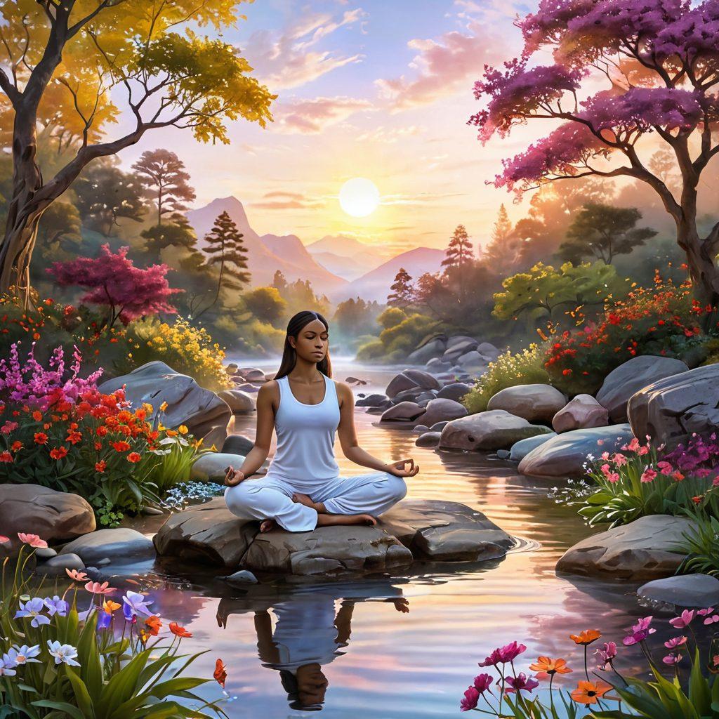 A serene landscape depicting a person meditating in nature, surrounded by vibrant flowers and gentle streams, symbolizing balance. In the background, visualize a soft sunrise representing hope and healing. Incorporate subtle elements representing mind, body, and spirit such as chakra symbols, yoga poses, and gentle waves. A warm color palette with soothing pastel shades enhances the calming effect. super-realistic. vibrant colors. tranquil atmosphere.